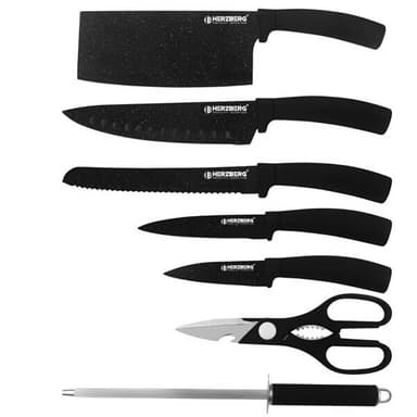 Herzberg knivsett med 5 kniver og akrylstativ i svart marmor