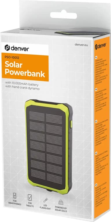 Denver 10000mAh solcelle-powerbank med håndsveiv (sort/grønn)