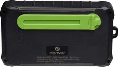 Denver 10000mAh solcelle-powerbank med håndsveiv (sort/grønn)