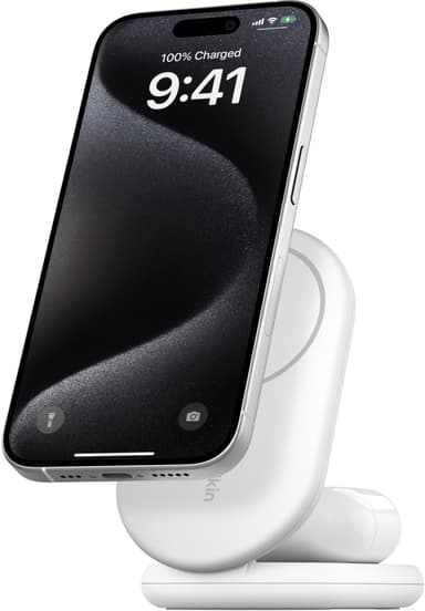 Belkin BoostCharge 2-i-1 15W Qi2 magnetisk lader (hvit)