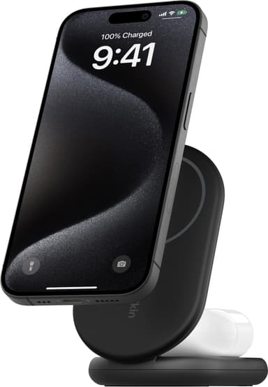 Belkin BoostCharge 2-i-1 15W Qi2 magnetisk lader (sort)