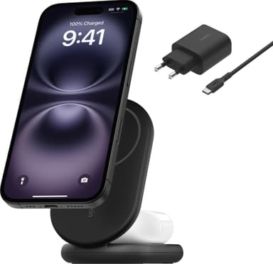 Belkin BoostCharge 2-i-1 15W Qi2 magnetisk lader (sort)