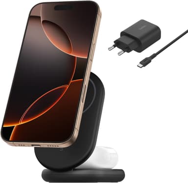 Belkin BoostCharge 2-i-1 15W Qi2 magnetisk lader (sort)