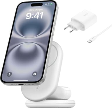 Belkin BoostCharge 2-i-1 15W Qi2 magnetisk lader (hvit)