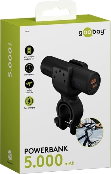 Goobay Bike powerbank 5.0 (5 000 mAh) liten, tynn og praktisk powerbank med en kapasitet på 5 000 mAh for montering på sykkelen