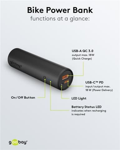 Goobay Bike powerbank 5.0 (5 000 mAh) liten, tynn og praktisk powerbank med en kapasitet på 5 000 mAh for montering på sykkelen