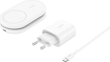 Belkin BoostCharge 2-i-1 15W Qi2 magnetisk lader (hvit)