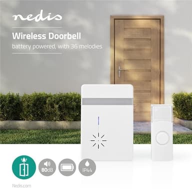 Nedis Trådløs ringeklokke Set | Batteri drevet | 3 V DC | 1x CR2032 | Volum: 80 dB | Signalområde (siktelinje): 300 m | IP44 | 36 Melodier | 1 Mottaker | Hvit