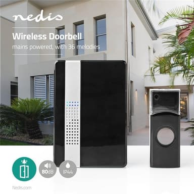 Nedis Trådløs ringeklokke Set | Nettstrøm drevet | 220 - 240 V AC 50 Hz | 1x CR2032 | Volum: 80 dB | Signalområde (siktelinje): 300 m | IP44 | Justerbar volum | 36 Melodier | 1 Mottaker | Sort