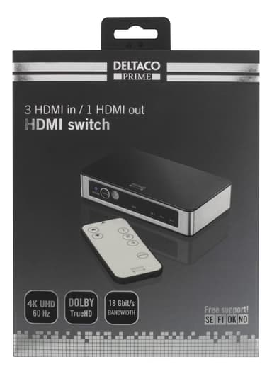 Premium HDMI-bryter med 3 porter, IR-fjernkontroll, Ultra HD i 60 Hz, svart