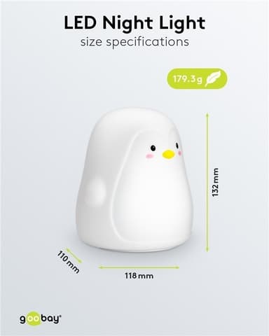 Goobay LED-nattlys ""Penguin"" varmt hvitt lys og 7 fargeskift (RGB-lys), med 3 lysmoduser, berøringssensor og Li-ion-batteri (3,7 V/1200 mAh), laget av myk silikon