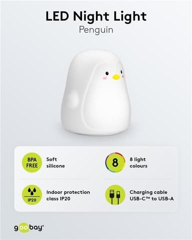 Goobay LED-nattlys ""Penguin"" varmt hvitt lys og 7 fargeskift (RGB-lys), med 3 lysmoduser, berøringssensor og Li-ion-batteri (3,7 V/1200 mAh), laget av myk silikon