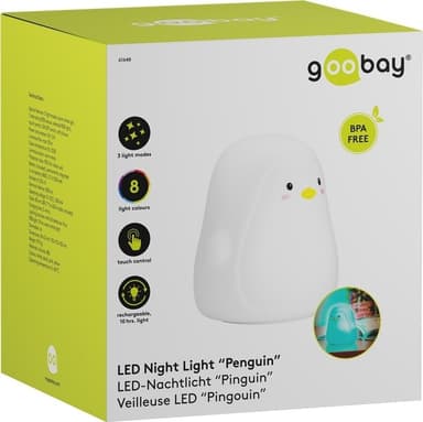 Goobay LED-nattlys ""Penguin"" varmt hvitt lys og 7 fargeskift (RGB-lys), med 3 lysmoduser, berøringssensor og Li-ion-batteri (3,7 V/1200 mAh), laget av myk silikon
