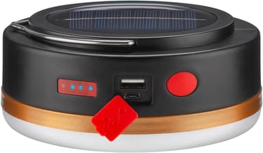 Goobay LED solcelle campinglampe med IR-fjernkontroll med 6 lysmoduser, solcellepanel, Li-ion-batteri 18650 (3,7 V, 2000 mAh), powerbank-funksjon og USB-kabel, egnet for utendørs bruk (IP44)