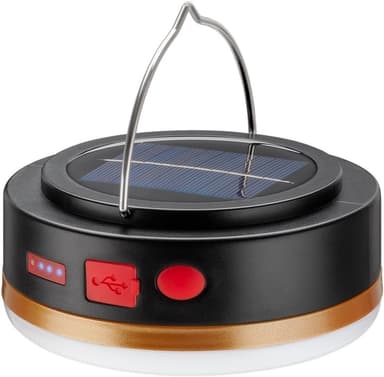 Goobay LED solcelle campinglampe med IR-fjernkontroll med 6 lysmoduser, solcellepanel, Li-ion-batteri 18650 (3,7 V, 2000 mAh), powerbank-funksjon og USB-kabel, egnet for utendørs bruk (IP44)