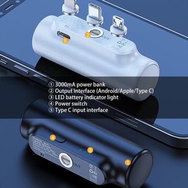 3000mAh bærbar strømbank USB-C/lyn/mikro USB