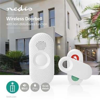 Nedis Trådløs ringeklokke Set | Nettstrøm drevet | 220 - 240 V AC 50 Hz | 1x CR2032 | Volum: 80 dB | Signalområde (siktelinje): 300 m | IP44 | Justerbar volum | 36 Melodier | 1 Mottaker | Grå / Hvit