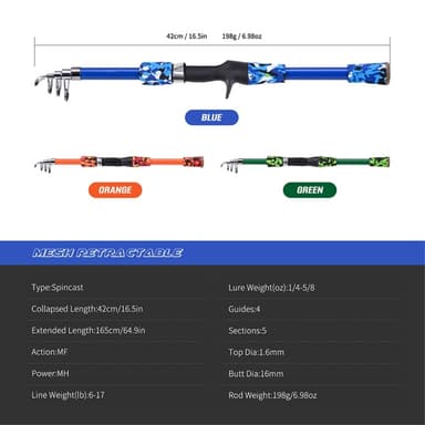 LEO 165 cm uttrekkbar glassfiber fiskestang Spinnende fiskestang