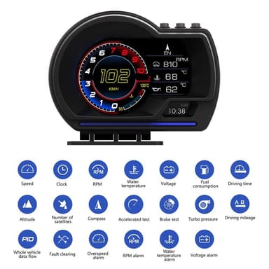 Hastighetsmåler HUD OBD2 GPS-skjerm Overhastighet RPM Alarm