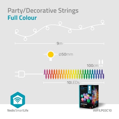 Nedis SmartLife Dekorative Lys | Party Lights | Wi-Fi | Hvit / RGB | 10 LED's | 9.00 m | Android™ | Pære diameter: 50 mm