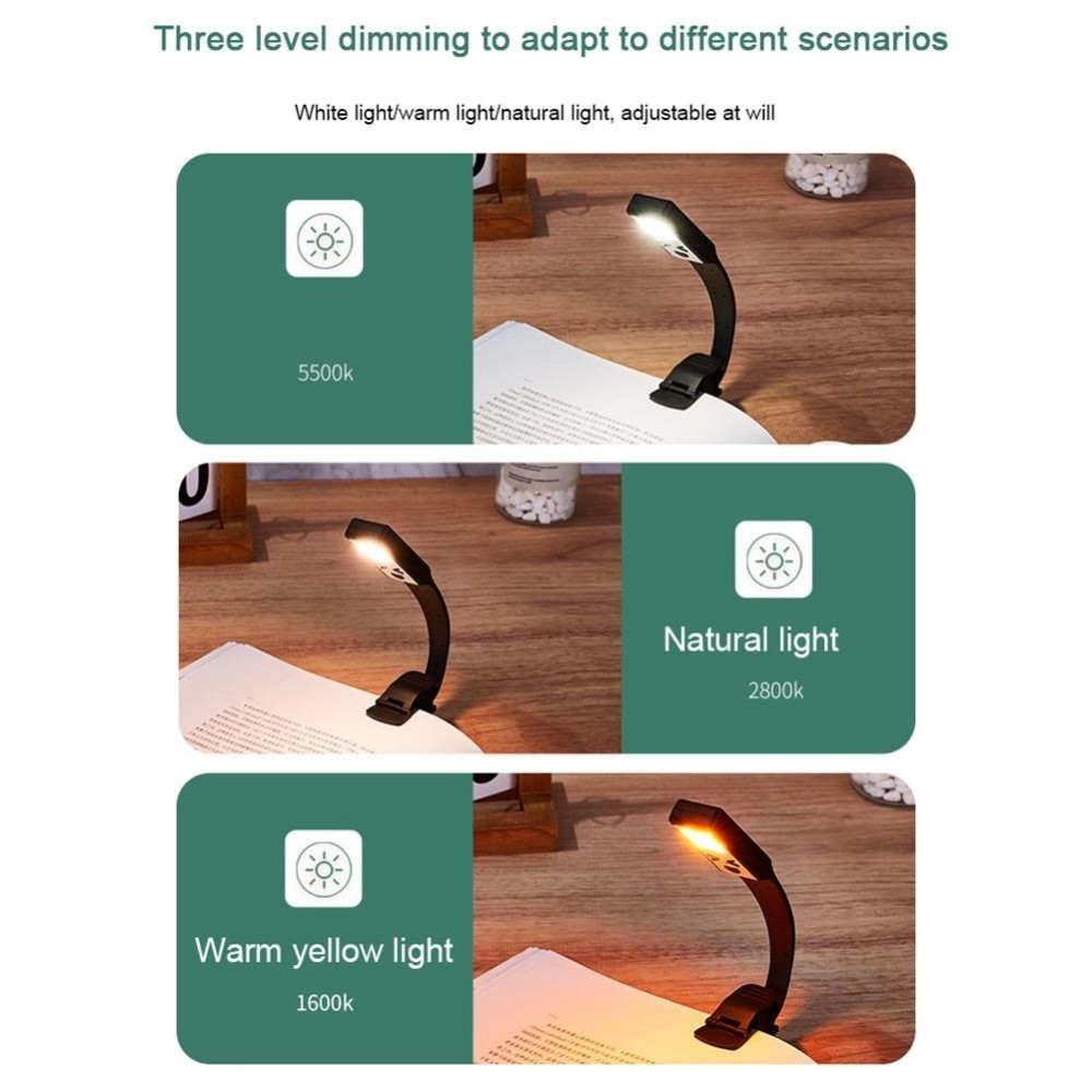 Clip-On boklys Tre boklampe Lysstyrke Justerbar leselampe