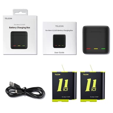 TELESIN til GoPro Hero 12 11 10 9 Ladestasjon med 2 batterier