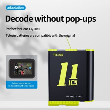 TELESIN til GoPro Hero 12 11 10 9 Ladestasjon med 2 batterier
