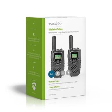 Nedis Walkie-Talkie Set | 2 håndsett | Opp til 8 km | Frekvens kanal: 8 | PTT / VOX | Opp til 2.5 timer | Hodetelefonutgang | Sort