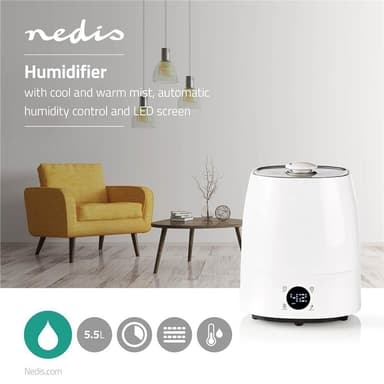 Nedis Luftfukter | 110 W | With Cool and Warm Mist | 5.5 l | Hygrometer | Timer | Egnet for plass opptil: 50 m² | Grå / Hvit