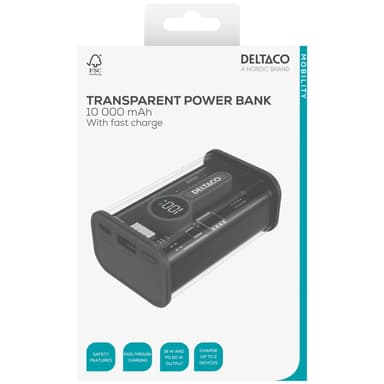 Deltaco Transparent strømbank med hurtiglading 10.000 mAh