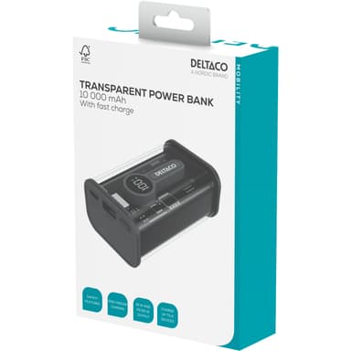 Deltaco Transparent strømbank med hurtiglading 10.000 mAh