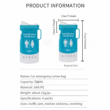 4 stk 750 ml biltissefri nødurinpose Engangs campingstrømpe