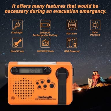 Bærbar radio LED lommelykt 2000mAh batteri SOS håndsveiv soldrevet