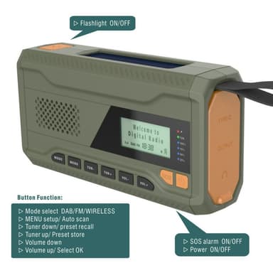 Solenergi håndsveiv DAB FM-radio lommelykt 4500mAh strømbank