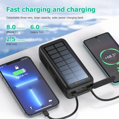 Håndsveiv 30000mAh Solar PowerBank Lightning/USB-C/mikrokabel