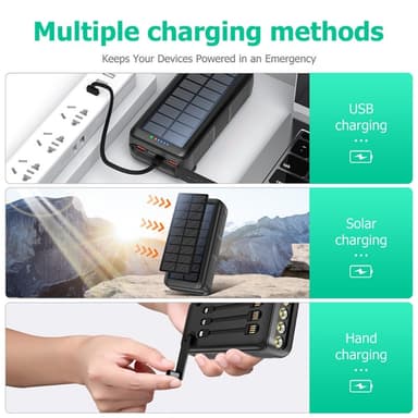 Håndsveiv 30000mAh Solar PowerBank Lightning/USB-C/mikrokabel