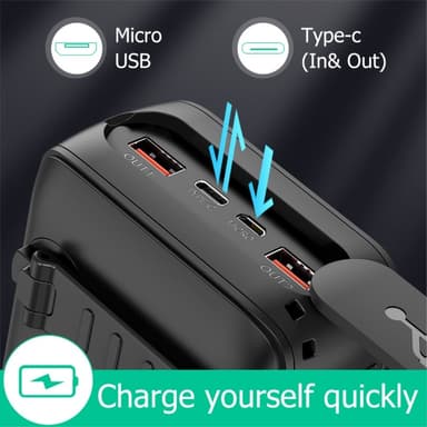 Håndsveiv 30000mAh Solar PowerBank Lightning/USB-C/mikrokabel