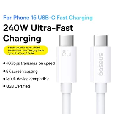 BASEUS Superior 1M hurtigladekabel 240W USB-C til USB-C