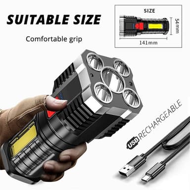 Lommelykt IPX4 vanntett 5 LED høy lysstyrke COB-lampe 800mAh litiumbatteri