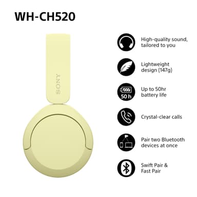 Sony WH-CH520 trådløse hodetelefoner (gul)