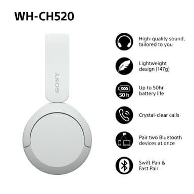 Sony WH-CH520 trådløse on-ear hodetelefoner (hvit)
