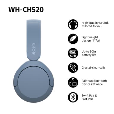 Sony WH-CH520 trådløse on-ear hodetelefoner (blå)