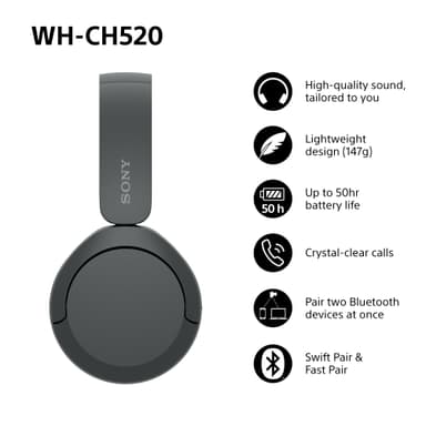 Sony WH-CH520 trådløse on-ear hodetelefoner (sort)