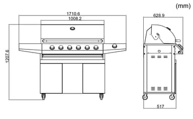 Frittstående gassgrill med 6 brennere og sidebrenner