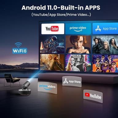 NÖRDIC Mini Portable Projector 4K 1080P Full HD-støtte Android 11 & Netflix – WiFi 6, BT 5.0, 180° rotasjon, hjemmekinoprojektor