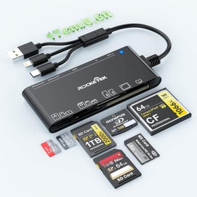 NÖRDIC USB-A, USB-C, Lightning USB3.0 Multi-kortleser 7 Slot 1xCF, 2xSD, 2xMicroSD, 1xMS, 1xXD UHS-I