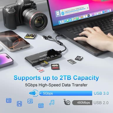 NÖRDIC USB-A, USB-C, Lightning USB3.0 Multi-kortleser 7 Slot 1xCF, 2xSD, 2xMicroSD, 1xMS, 1xXD UHS-I
