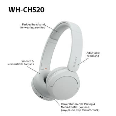 Sony WH-CH520 trådløse on-ear hodetelefoner (hvit)