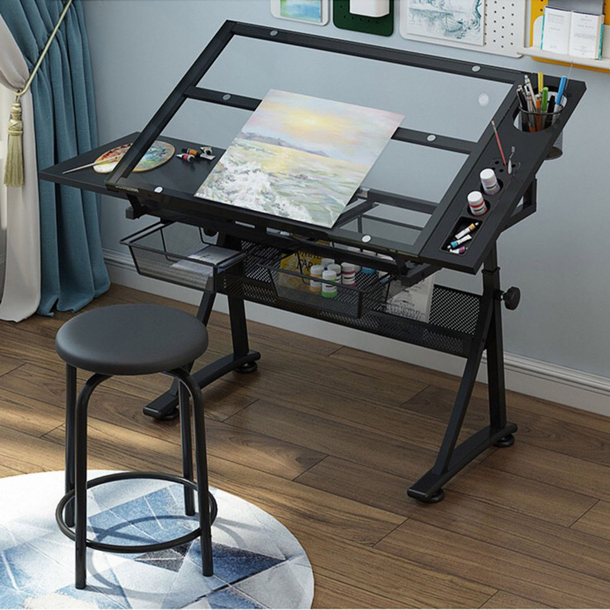 Lykke Tegnebord med glass topp og krakk
