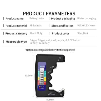 Universell batteritester for C/AAA/D/N/9V/6F22/1.55V